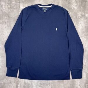 Polo Ralph Lauren Thermal Shirt Mens M Blue Long Sleeve Henley Sleepwear Y2K